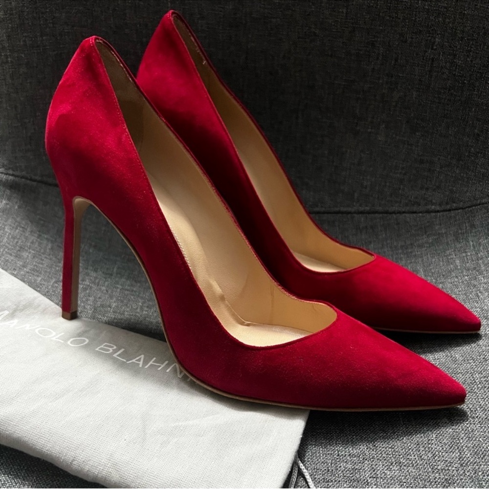Manolo Blahnik BB Red Suede Pointed-Toe Stiletto Pumps